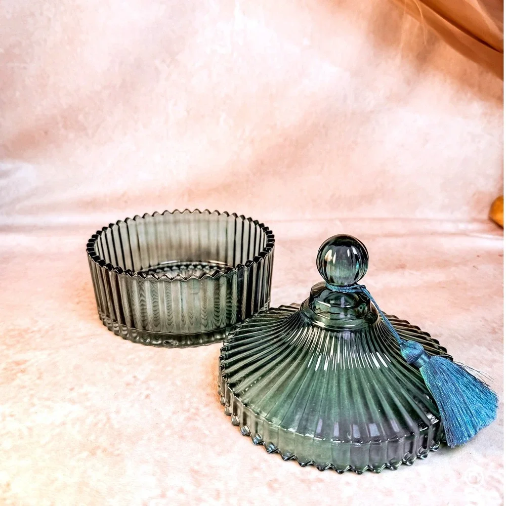 Blue Green Ribbed Glass Lidded Dish